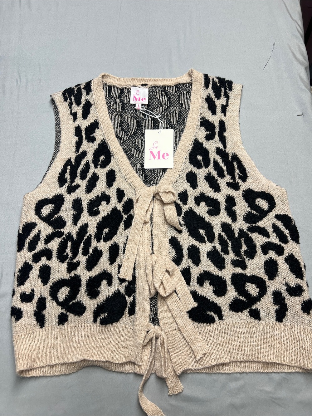 So Me Beige and Black Leopard Knit Tie-Front Vest 862-a1